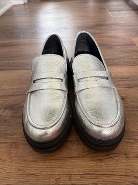 Women's Metallic Silver Penny Loafers - Comfortable Slip-On Flats